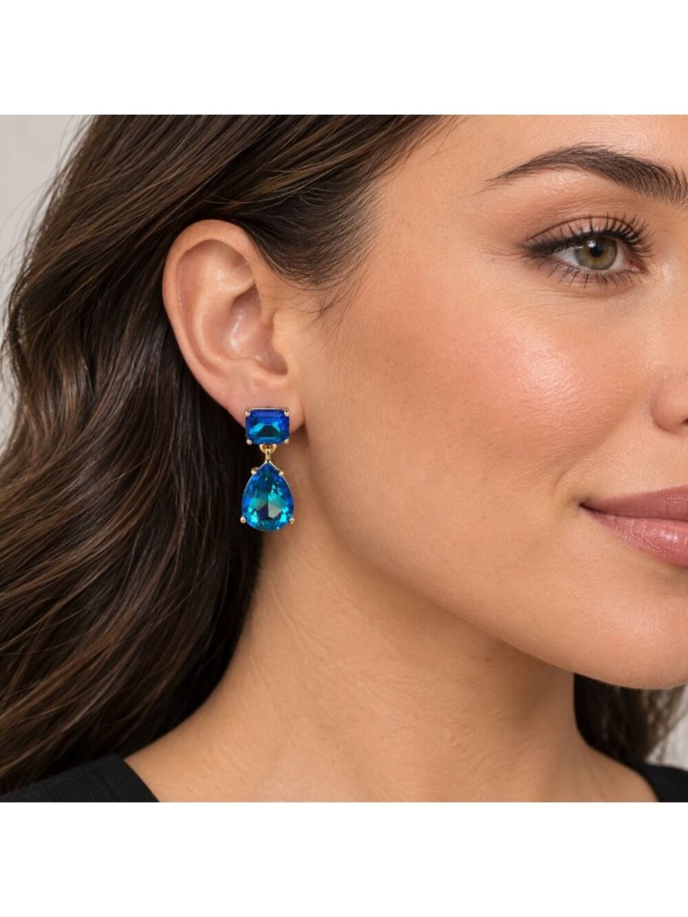 Faceted Glass Drop Earrings, Pierced Teardrop & Emerald Cut, Blue AB Crystal, 1.